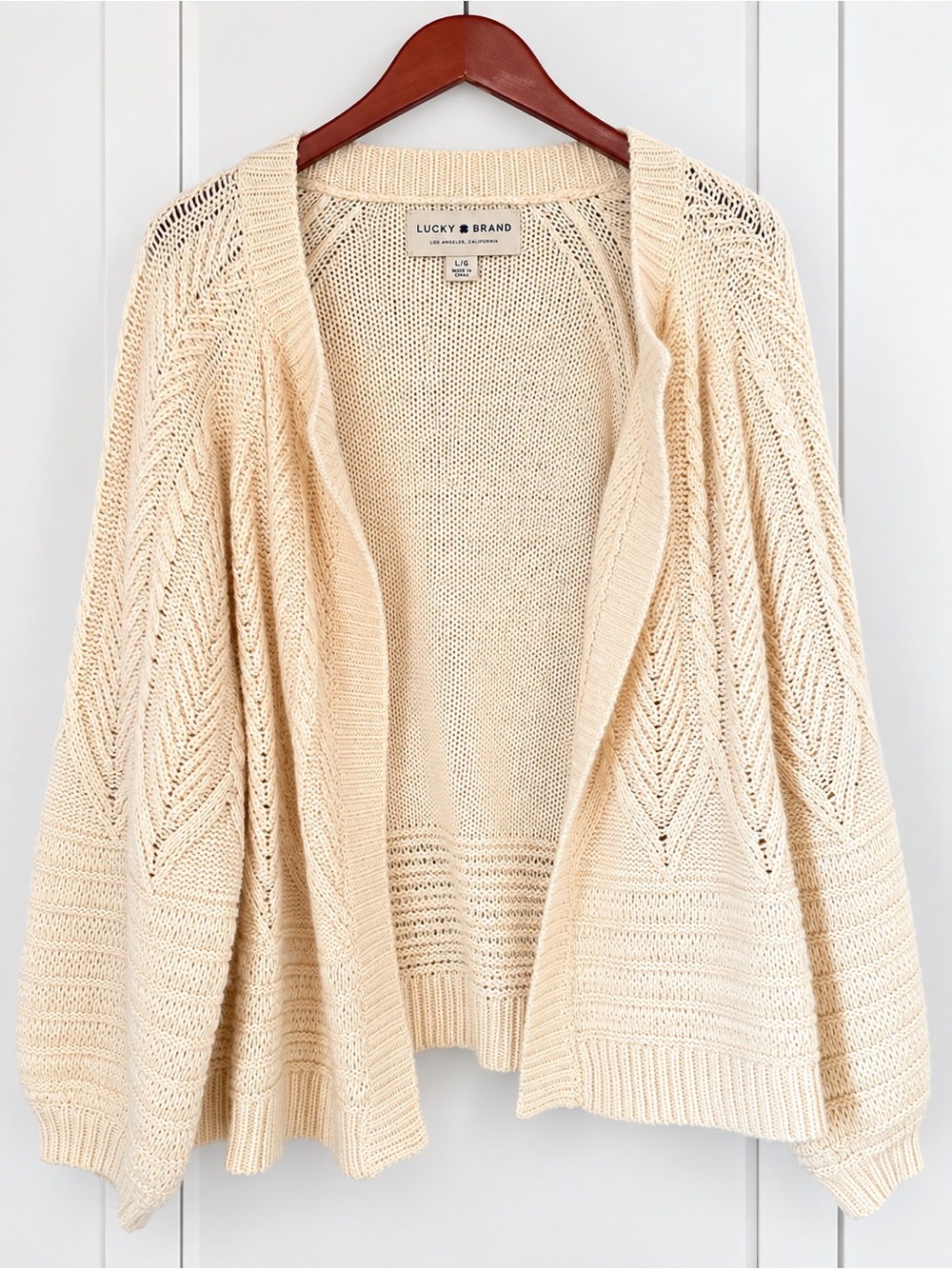 Lucky Brand Cream Cable Knit Open Front Cardigan Sweater (L)